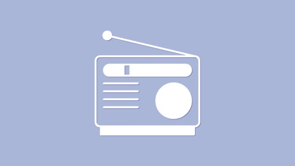 Radio blanca con icono de antena aislado sobre fondo púrpura. Animación gráfica de vídeo 4K — Vídeo de stock