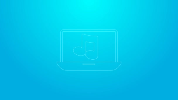 Pink line Laptop with music note symbol on screen icon isolated on blue background. 4K Video motion graphic animation — Vídeo de Stock