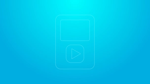 Línea rosa Icono del reproductor de música aislado sobre fondo azul. Dispositivo de música portátil. Animación gráfica de vídeo 4K — Vídeo de stock