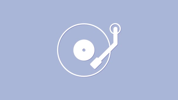 Белый виниловый проигрыватель с иконкой винилового диска, выделенной на фиолетовом фоне. Видеографическая анимация 4K — стоковое видео