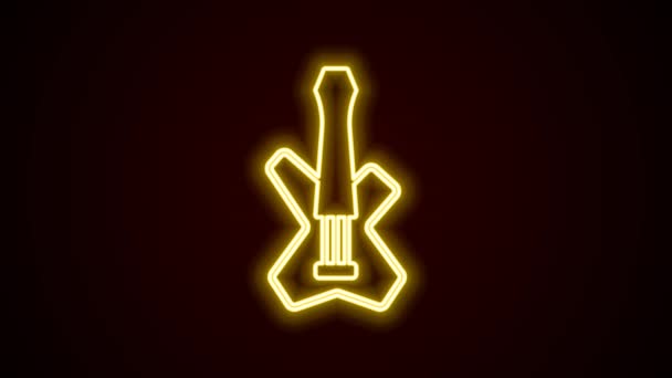 发光的霓虹灯线电气低音吉他图标孤立在黑色背景。4K视频运动图形动画 — 图库视频影像