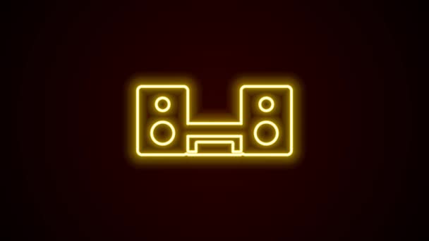Siyah zemin üzerinde iki hoparlör simgesi olan parıldayan neon hattı ev teybi. Müzik sistemi. 4K Video hareketli grafik canlandırması — Stok video