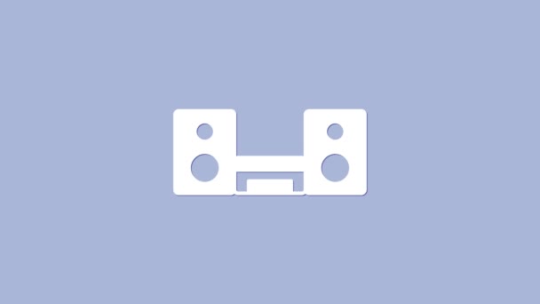 Stereo White Home dengan dua ikon speaker terisolasi pada latar belakang ungu. Sistem musik. Animasi grafis gerak Video 4K — Stok Video