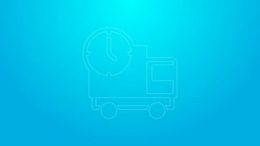 Pink line Logistics delivery truck and time icon isolated on blue background. Delivery time icon. 4K Video motion graphic animation
