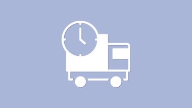 White Logistics delivery truck and time icon isolated on purple background. Delivery time icon. 4K Video motion graphic animation