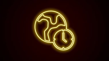 Glowing neon line World time icon isolated on black background. 4K Video motion graphic animation