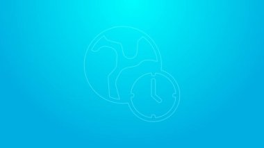 Pink line World time icon isolated on blue background. 4K Video motion graphic animation