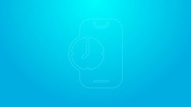 Pink line Alarm clock app smartphone interface icon isolated on blue background. 4K Video motion graphic animation