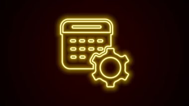 Glowing neon line Calendar settings icon isolated on black background. Date settings. 4K Video motion graphic animation