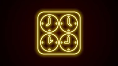 Glowing neon line Time zone clocks icon isolated on black background. 4K Video motion graphic animation