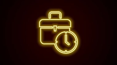 Parlayan neon hattı çalışma zamanı simgesi siyah arkaplanda izole edildi. Ofis çalışanı. Çalışma saatleri. İş çantası. 4K Video hareketli grafik canlandırması