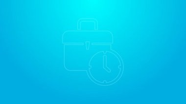 Pembe çizgi çalışma zamanı simgesi mavi arkaplanda izole edildi. Ofis çalışanı. Çalışma saatleri. İş çantası. 4K Video hareketli grafik canlandırması