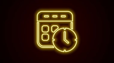 Parlayan neon çizgisi takvimi ve saat simgesi siyah arkaplanda izole edildi. Program, randevu, organizatör, zaman çizelgesi, zaman yönetimi. 4K Video hareketli grafik canlandırması