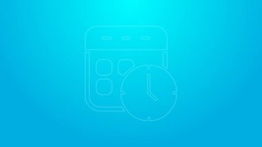 Pink line Calendar and clock icon isolated on blue background. Schedule, appointment, organizer, timesheet, time management. 4K Video motion graphic animation
