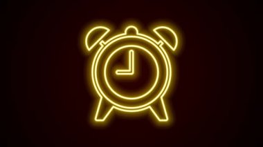 Parlayan neon hattı alarm saati simgesi siyah arkaplanda izole edildi. Uyan, kalk konsepti. Zaman işareti. 4K Video hareketli grafik canlandırması