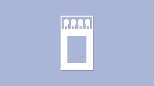 Fehér nyitott gyufásdoboz és egyezik ikon elszigetelt lila háttér. 4K Videó mozgás grafikus animáció — Stock videók