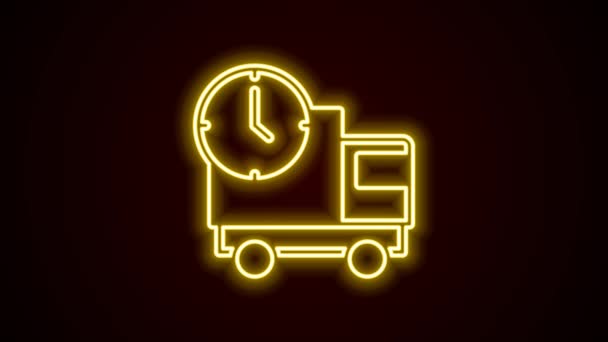 Сяюча неонова лінія Логістична вантажівка доставки і значок часу ізольовані на чорному тлі. Піктограма часу доставки. 4K Відео рух графічна анімація — стокове відео