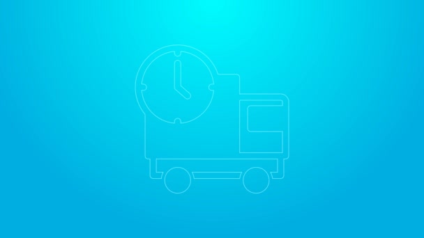 Roze lijn Logistiek bestelwagen en tijdicoon geïsoleerd op blauwe achtergrond. Levertijd icoon. 4K Video motion grafische animatie — Stockvideo