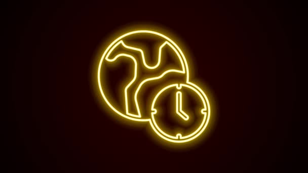 Glowing neon line World time icon isolated on black background. 4K Video motion graphic animation — Vídeo de Stock