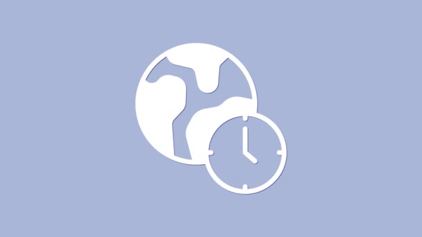 Ícone da hora do mundo branco isolado no fundo roxo. Animação gráfica em movimento de vídeo 4K — Vídeo de Stock