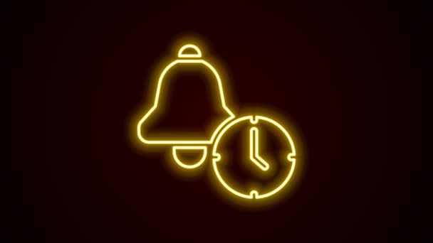 Icono de reloj despertador de línea de neón brillante aislado sobre fondo negro. Despierta, levántate concepto. Señal de tiempo. Animación gráfica de vídeo 4K — Vídeo de stock