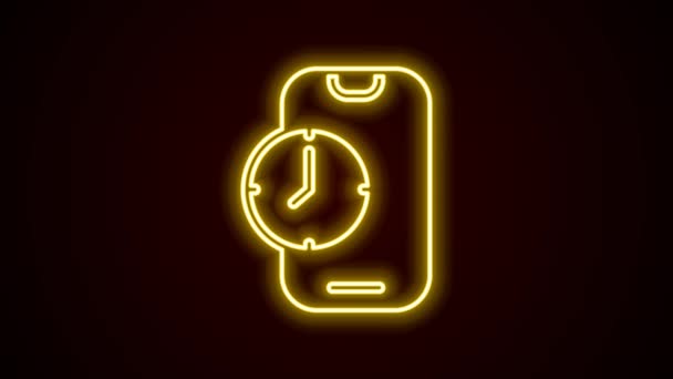 Glödande neon line Larm klocka app smartphone gränssnitt ikon isolerad på svart bakgrund. 4K Video motion grafisk animation — Stockvideo