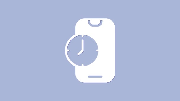 White Alarm clock app smartphone interface icon isolated on purple background. 4K Video motion graphic animation — Video