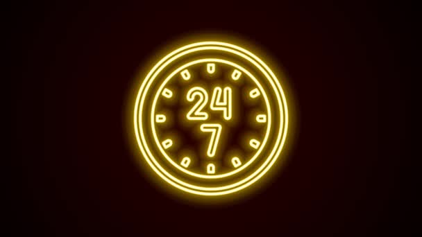 Glowing neon line Clock 24 hours icon isolated on black background. All day cyclic icon. 24 hours service symbol. 4K Video motion graphic animation — Stock Video