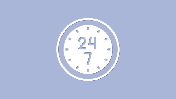 Reloj blanco 24 horas icono aislado sobre fondo púrpura. Todo el día icono cíclico. Símbolo de servicio 24 horas. Animación gráfica de vídeo 4K — Vídeo de stock
