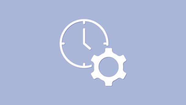 Значок White Time Management выделен на фиолетовом фоне. Вывеска с часами и передачами. Символ продуктивности. Видеографическая анимация 4K — стоковое видео