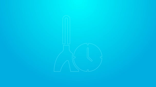 Pink line Cleaning time icon isolated on blue background. Sanitary service, house hygiene. 4K Video motion graphic animation — Stockvideo