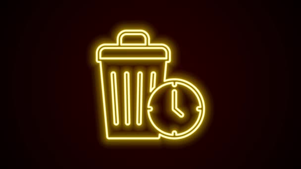 Glowing neon line Waste of time icon isolated on black background. Trash can. Garbage bin sign. Recycle basket icon. Office trash icon. 4K Video motion graphic animation — Stock Video