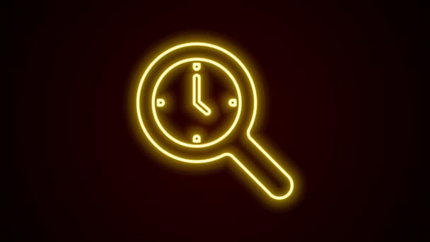 Linha de néon brilhante Lupa com ícone de relógio isolado no fundo preto. Revistem o relógio. Animação gráfica em movimento de vídeo 4K — Vídeo de Stock