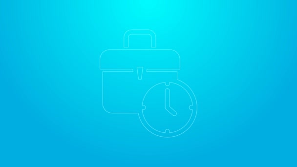 Pink line Work time icon isolated on blue background. Office worker. Working hours. Business briefcase. 4K Video motion graphic animation — Vídeo de Stock