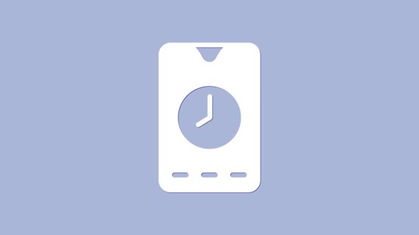 White Alarm clock app smartphone interface icon isolated on purple background. 4K Video motion graphic animation — Video Stock