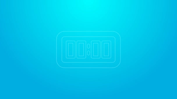 Línea rosa Icono de despertador digital aislado sobre fondo azul. Reloj despertador electrónico. Icono de tiempo. Animación gráfica de vídeo 4K — Vídeo de stock