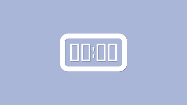 Icono de despertador digital blanco aislado sobre fondo púrpura. Reloj despertador electrónico. Icono de tiempo. Animación gráfica de vídeo 4K — Vídeos de Stock