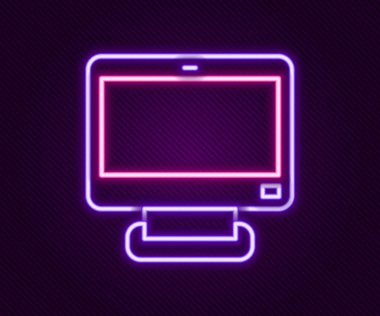 Parlayan neon hattı Bilgisayar monitörü simgesi siyah arkaplanda izole edildi. Elektronik cihaz. Ön manzara. Renkli taslak konsepti. Vektör
