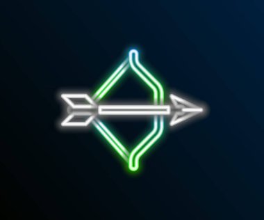 Parlayan neon hattı Ortaçağ yayı ve ok simgesi siyah arka planda izole edildi. Ortaçağ silahı. Renkli taslak konsepti. Vektör