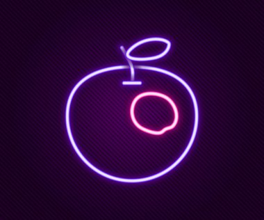 Parlayan neon hattı, siyah arka planda genetik olarak değiştirilmiş elma ikonu izole edildi. GDO meyvesi. Renkli taslak konsepti. Vektör