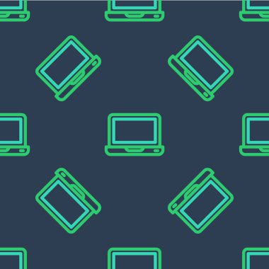 Satır dizüstü simgesi mavi arkaplanda izole edilmiş kusursuz desen. Boş ekran işaretli bilgisayar defteri. Vektör