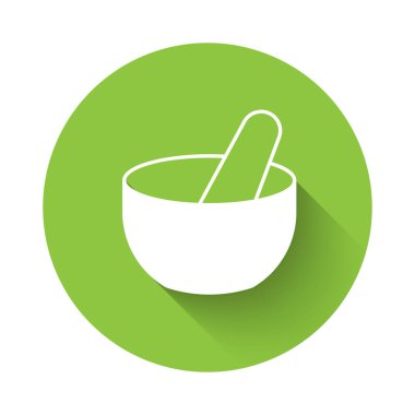 White Witch cauldron icon isolated with long shadow background. Happy Halloween party. Green circle button. Vector