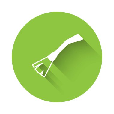 White Witches broom icon isolated with long shadow background. Happy Halloween party. Green circle button. Vector