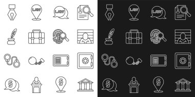 Set line Courthouse building, Safe, Prisoner, Law, Briefcase, Feather and inkwell, Fountain pen nib and Fingerprint icon. Vector