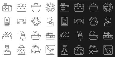 Set line Route location, Cruise ship, Tourist, Beach bag, Poker table, ticket, Photo camera and Worldwide icon. Vector