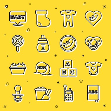 Set line ABC book, Baby clothes, dummy pacifier, bottle, Lollipop,  and  icon. Vector