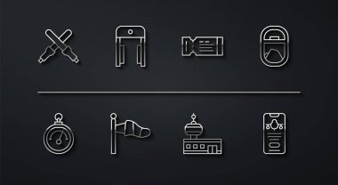 Set line Marshalling wands, Barometer, Airplane window, Airport control tower, Cone meteorology windsock, Metal detector airport, Mobile with ticket and Airline icon. Vector