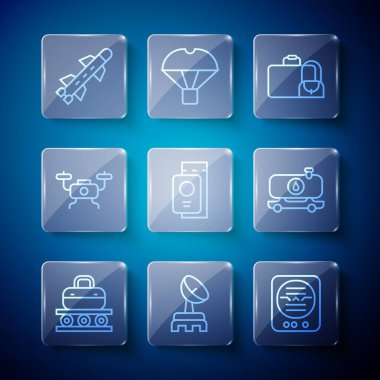 Set line Conveyor belt with suitcase, Radar, Attitude indicator, Suitcase, Passport ticket, Drone flying, Rocket and Fuel tanker truck icon. Vector
