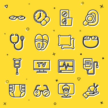 Set line Yarn ball with knitting needles, IV bag, Eyeglasses, Pills blister pack, Slippers, Stethoscope,  and Pillow icon. Vector