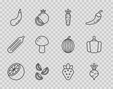 Set line Orange fruit, Beet, Carrot, Tomato, Eggplant, Mushroom, Strawberry and Bell pepper icon. Vector